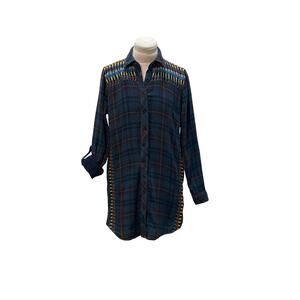 TOLANI Plaid Flannel Embroidered Roll Tab Mini Dress Tunic XSMALL Pockets Boho